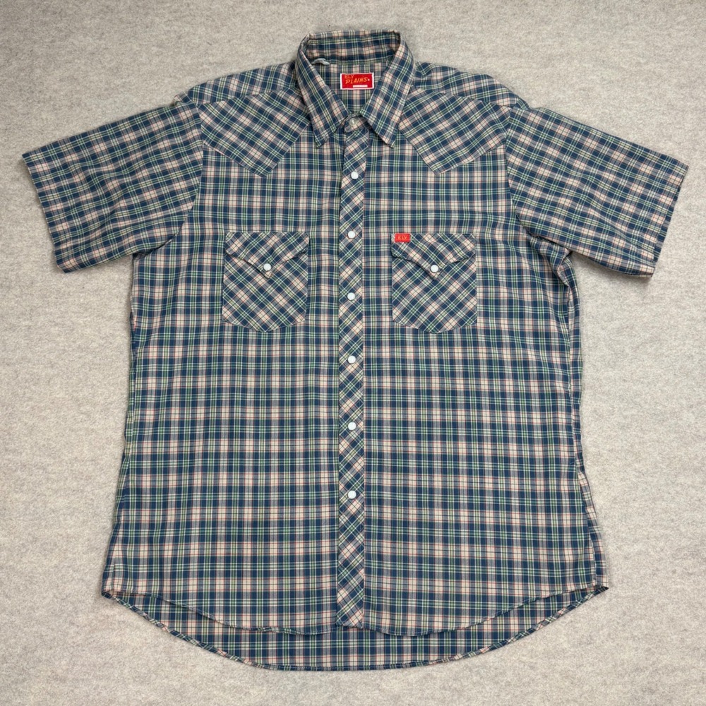 Vintage Ely Plains Blue Green Plaid Short Sleeve Western Pearl Snap XL 80s/90s